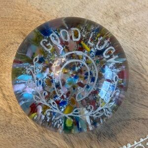 Colorful ANTIQUE MILLVILLE GLASS SOUTH JERSEY Frit "Good Luck" PAPERWEIGHT